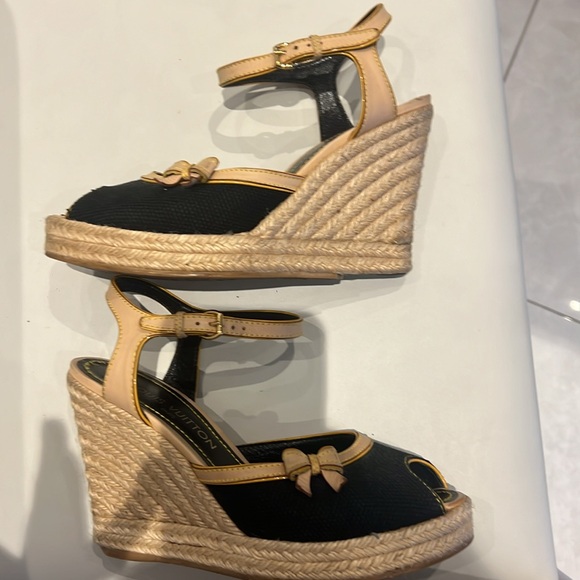 💯 authentic Louis Vuitton black and tan bow espadrille wedge size 8.5 - Picture 5 of 7